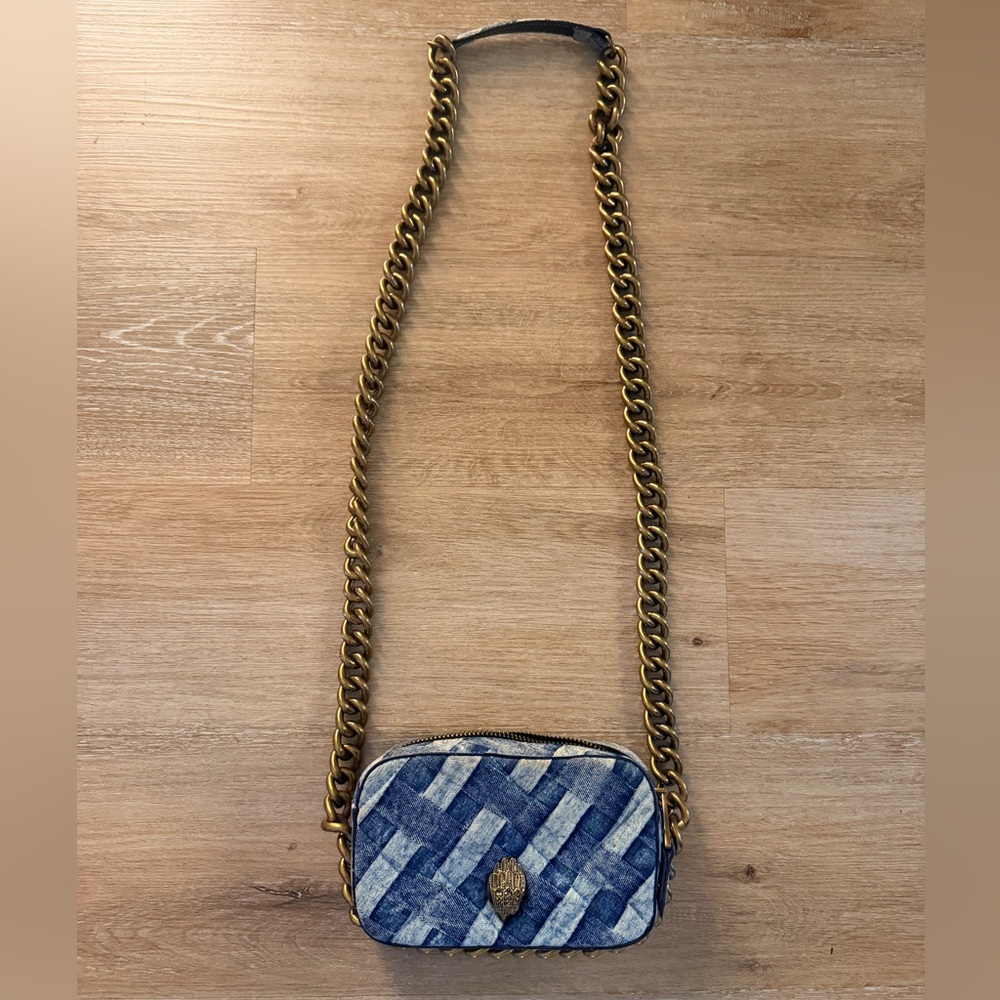 Kurt Geiger London Kensington Distressed Denim Mini Crossbody Gold Chain